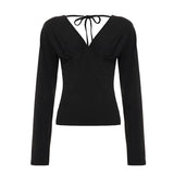 New Fashion Waist V-Neck Pinch Pure Color Long-Sleeved Top Slimming Sexy Hottie T-Shirt HZ0108