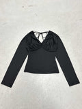 New Fashion Waist V-Neck Pinch Pure Color Long-Sleeved Top Slimming Sexy Hottie T-Shirt HZ0108