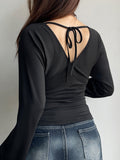 New Fashion Waist V-Neck Pinch Pure Color Long-Sleeved Top Slimming Sexy Hottie T-Shirt HZ0108