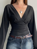 New Fashion Waist V-Neck Pinch Pure Color Long-Sleeved Top Slimming Sexy Hottie T-Shirt HZ0108
